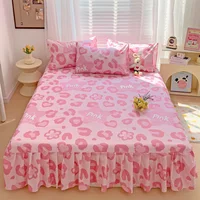 1PC Pink Leopard Print Bed Cover Bed Mattress Lace Bed Skirt Single Ful Queen King Size Bedsheets Skirts (Pillowcase Need Order) 1