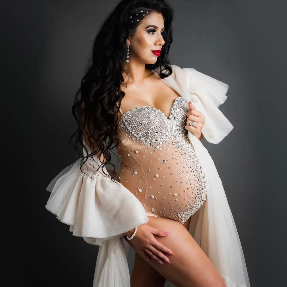 ShinningCrystalsMaternityBodysuitForPhotographySeeThroughTulleStretchyPregnancyPhoto