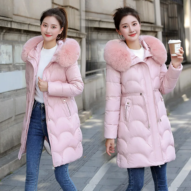 

Winter Down Jackets Cotton Coat Medium Length Slim Parka Cotton Coat Fashionable Large Wool Collar Thickened Warm Cotton Coat