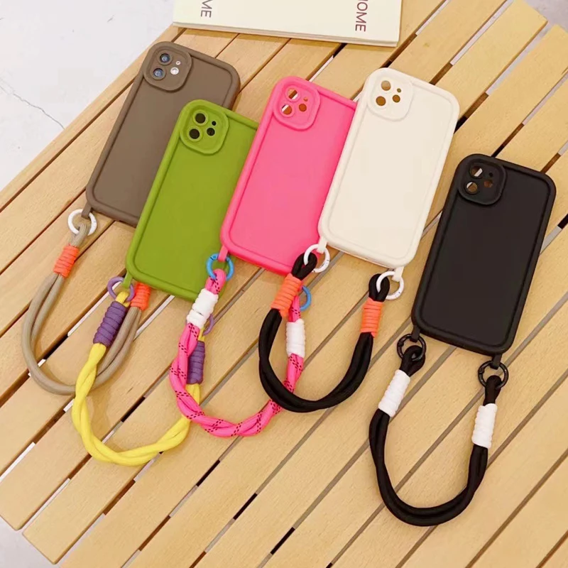 Fashion Candy Color Double Lanyard Bracelet Soft Phone Case For iPhone 16 15 14 13 12 11 Pro Max 14 15 Plus X XR XS Max 7 8 Plus_voghion.com