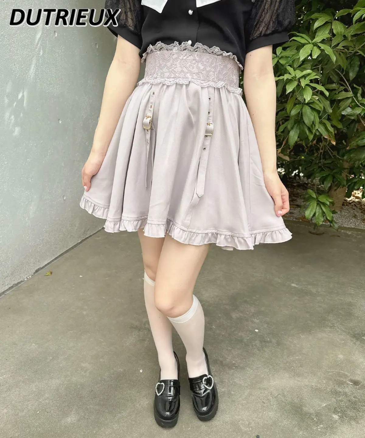 

Japanese Rojita Lolita Skirt High Waist Lace Decoration Belt Roll Ruffled Black Short Skirt Women Summer Preppy Style Mini Skirt