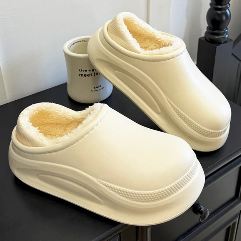 Waterproof Eva Chunky Platform Slippers Women Indoor Non Slip Lightweight Warm Cotton Shoes Woman Comfort Soft Plush Slides
