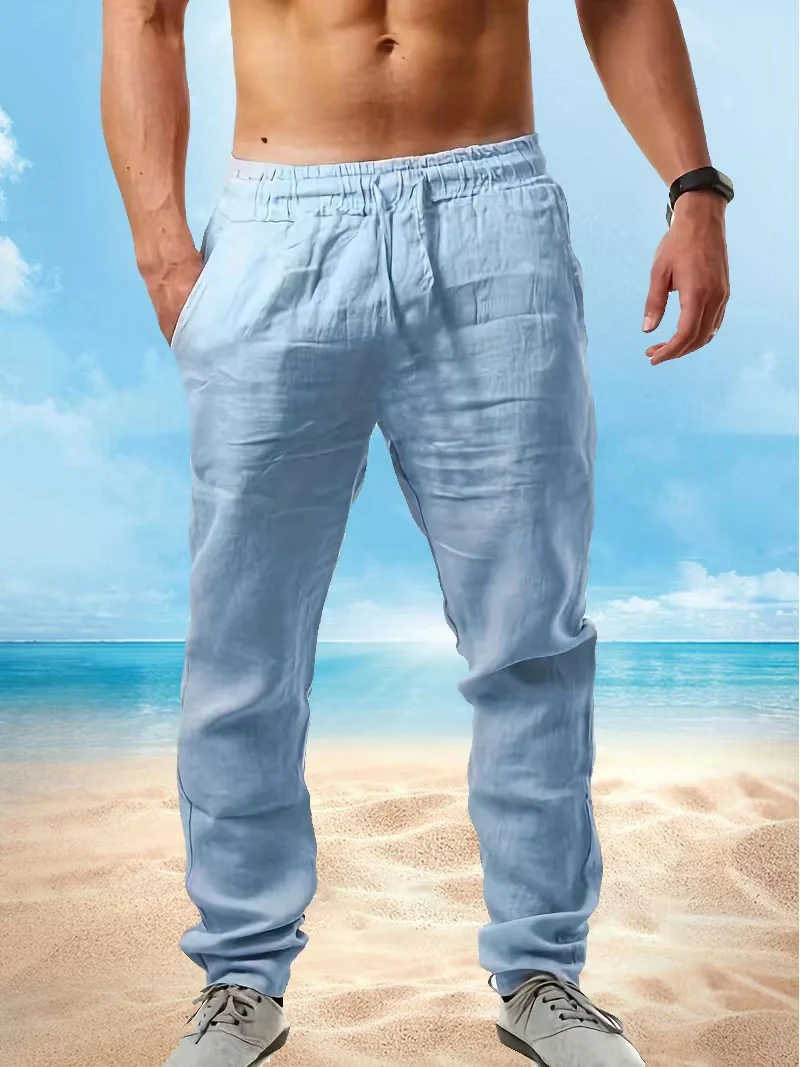 Men's Comfortable Cotton Linen Pants Summer Drawstring Casual Loose Pants Daily Casual Outdoor Versatile Solid Color Pants