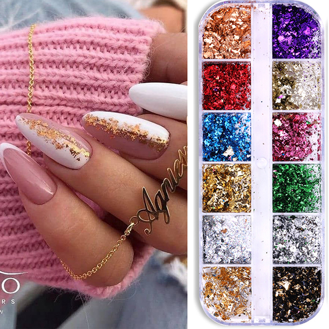 Foil Sequins For Nails Gold Silver Irregular Glitter Flakes Mirror Chrome Powder Manicuring Winter Decorations