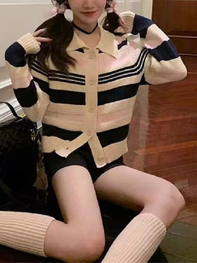 

Sueter Mujer Cropped Cardigan Women All Match Contrast Color Striped Fashion Pull Femme Knitted Korean Simple Sweet Sweater Coat