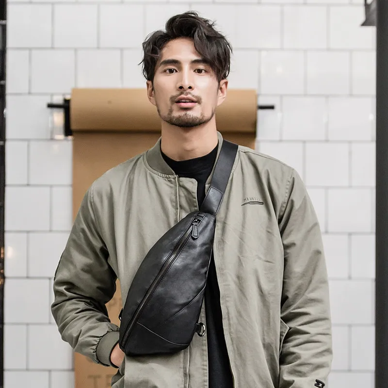 

Casual splicing high quality genuine leather men's chest bag fashion designer natural cowhide black shoulder messenger bag