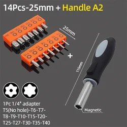 Premium Tamper Proof Torx Screwdriver Bit Set - 25mm Magnetic Flat Head Hex Hand Tools (14Pcs and Handle A2)
