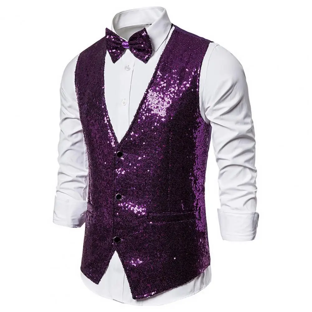 Description Picture 6 of itemMen Suit Vest Bow Set V Neck Sleeveless Single-breasted Vest Jacket SLim Fit Cardiagn Stage Show Emcee Performance Men Waistcoat