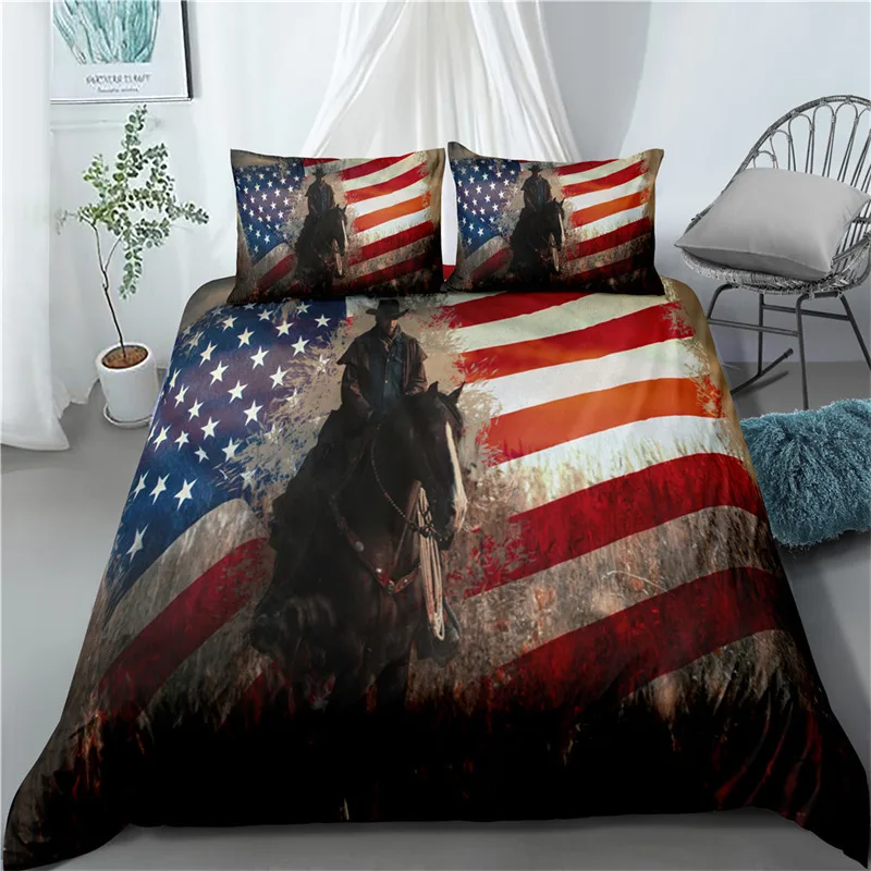 Horse Duvet Cover Vintage Rodeo Cowboy Riding Bull Wooden Old Sign Western Style Wilderness at Sunset Image Bedding Set For Boys 