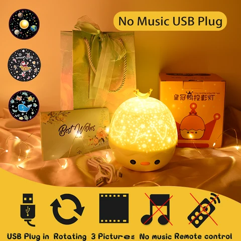 Duck Rotating Starry Sky Projector Lamp Children Night Light Baby Gift Rechargeable Music Bluetooth Speaker Bedroom Decor