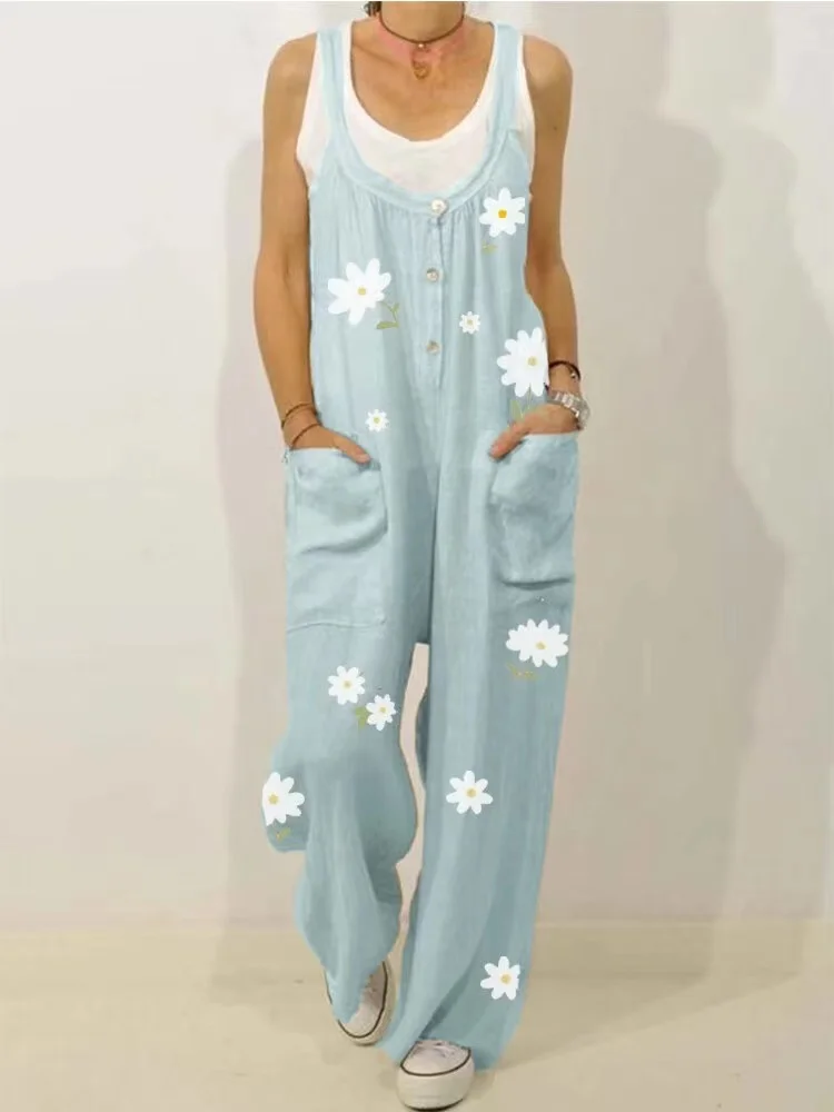 Vintage Pocket Floral Daisy Print Jumpsuit Casual Romper Long Playsuit Strap Button Summer Female Bodysuit Boho Casual Trousers