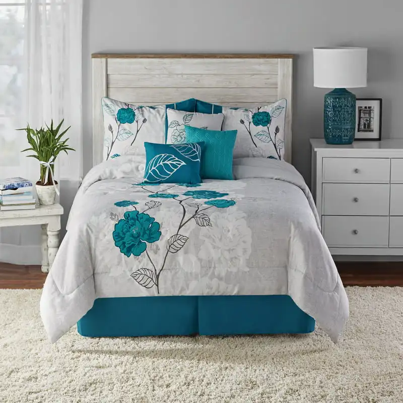 

Teal Roses Comforter Set with Dec Pillows, Bed Skirt, Full/Queen High Quality Skin Friendly Bedding Set Death note figure Harl