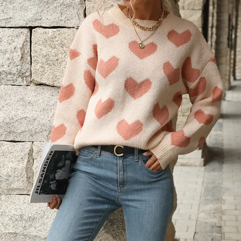 

Euramerican A Knitted Sweater Women Casual Pullover Lady Elegant Knitwear Female Vintage loving Heart Print Jumper Dropshipping