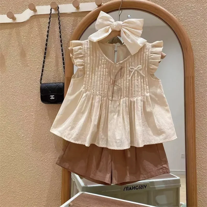 

Fashion summer new girls suit 2023 cute pleated doll shirt short sleeve+elastic shorts two-piece toddler suit
