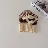 Winter Korean Fashion Children Baby Knit Hooded Scarf Caps Warm Stripe One Piece Hat Kids Accessories 3