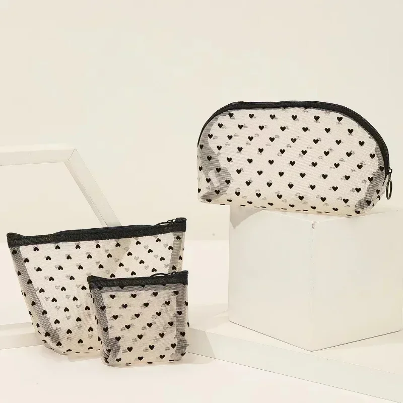 Heart-Shaped Nylon Mesh Cosmetic Bag – Multifunctional Zipper Pouch