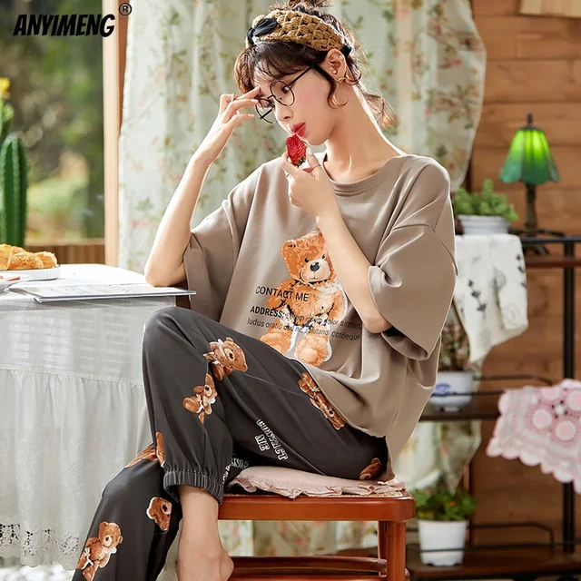 Women's Pajamas Summer Fashion Cotton Plus Size Woman Clothes Teen Girl  Home Lingerie Top and Bottom Set 2 Pieces Sleepwear - AliExpress