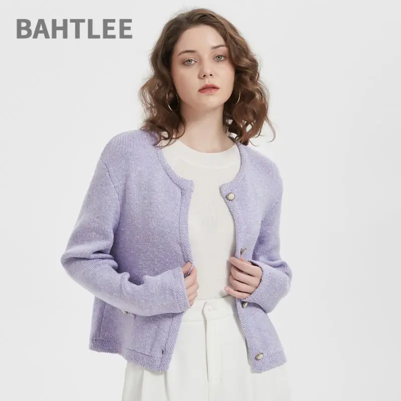 

BAHTLEE-Женский вязаный кардиган, шерстяное пальто, длинные рукава, свитер с круглым вырезом, зима