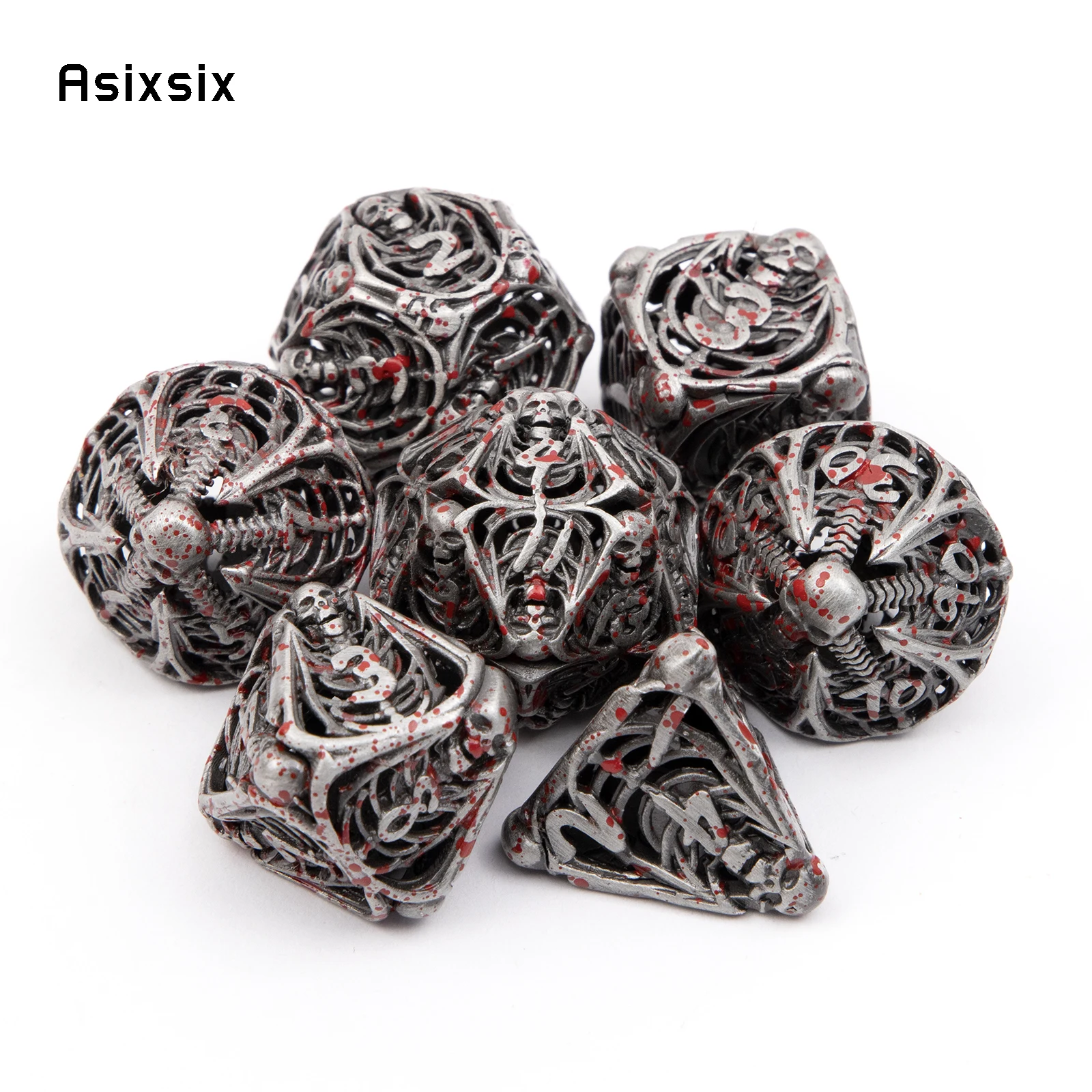 

7 Pcs Silver Red Skull Metal Dice Hollow Metal Polyhedral Dice Set Suitable for Role-Playing RPG Board Game Card Game