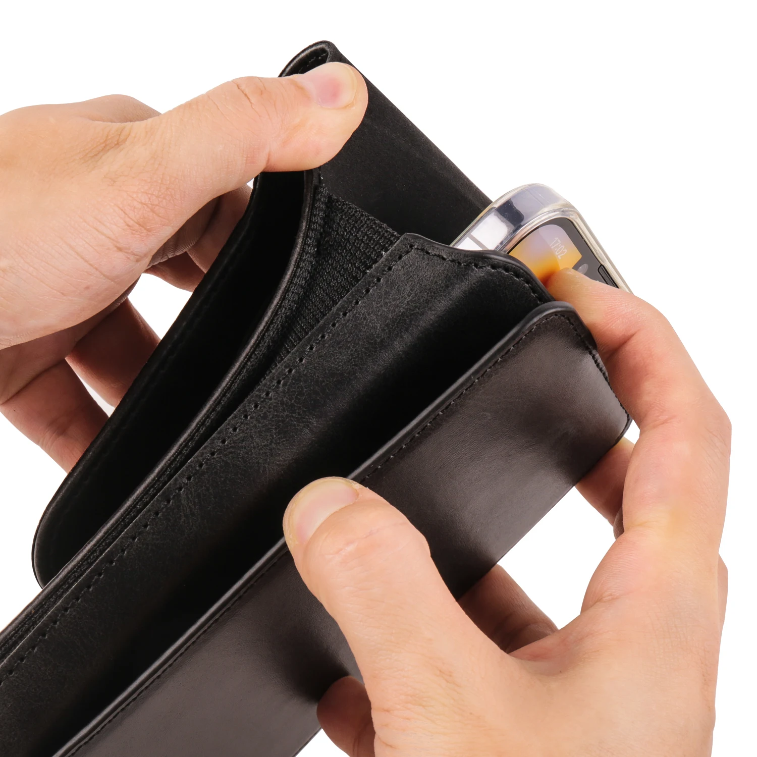 Men's Leather Vertical Waist Phone Pouch - Crazy Horse Design