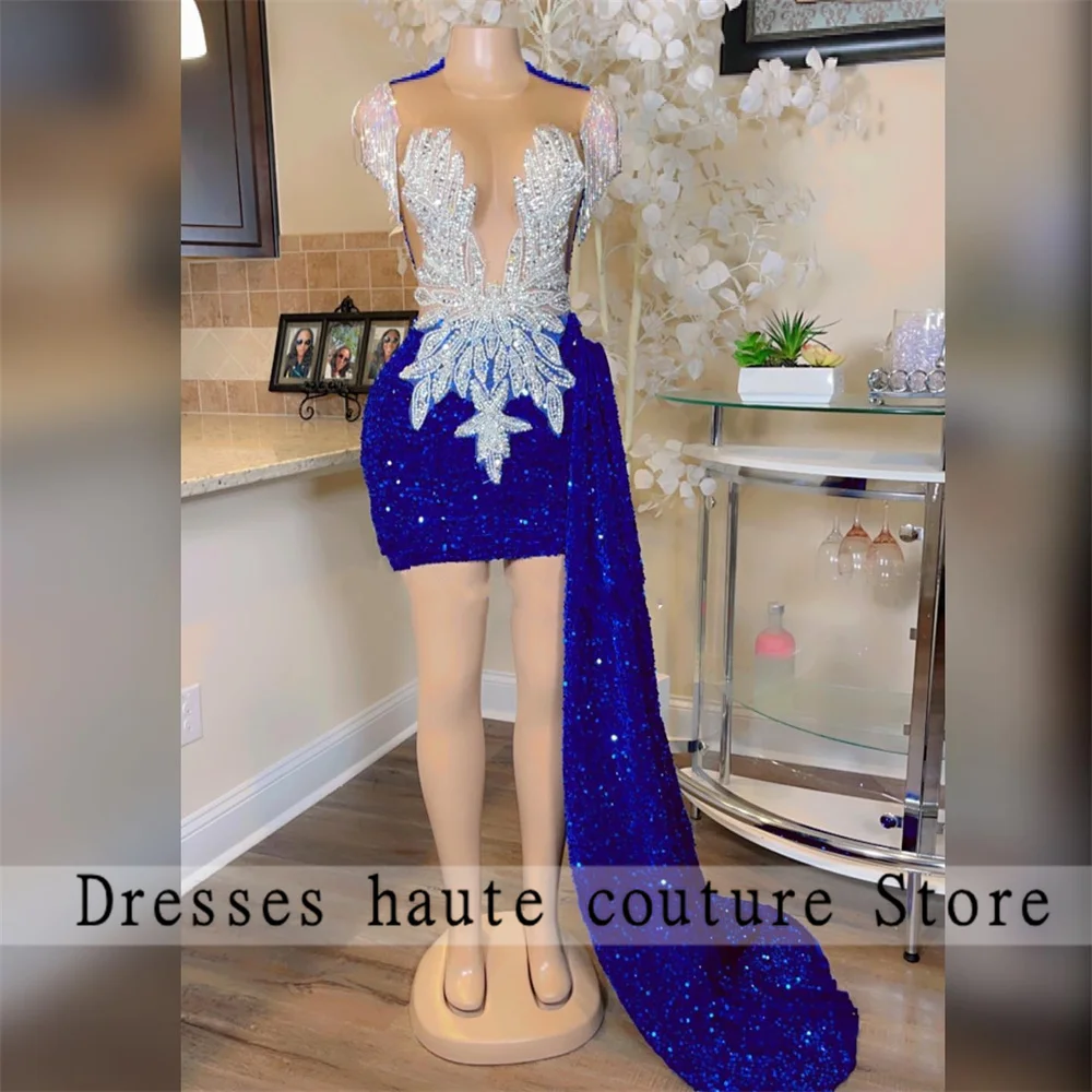 Royal Blue Sequins Beaded Short Mermaid Prom Dresses With Train Mini Cocktail Gowns Party Dresses Vestidos De Fiesta