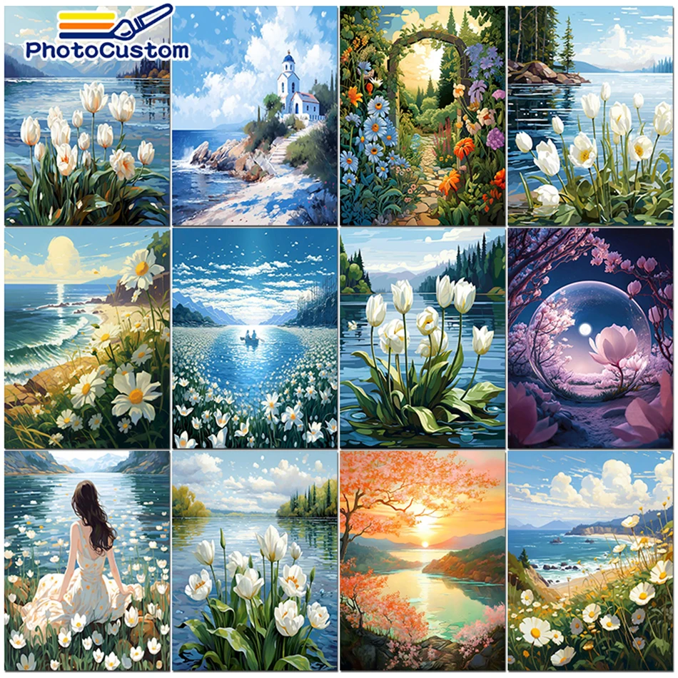 PhotoCustom-Painting by Number Flower Landscape, DIY Kits, Canvas Diy Frame, Oil Picture, Drawing, Coloring, Acrylic Paint Gift