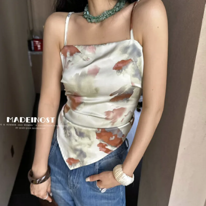 

2023 New Fashion Brand Women Top Print Sexy Chic Camis Ladies Summer Backless Bowknot Strap Crop Top Female Satin Elegant Blouse