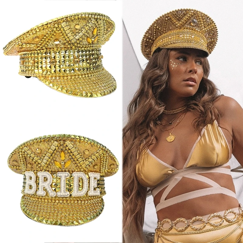 

Golden Hat Shimmering Captain Hat Crystal Hat for Music Festivals Crystal Captain Hat Versatile