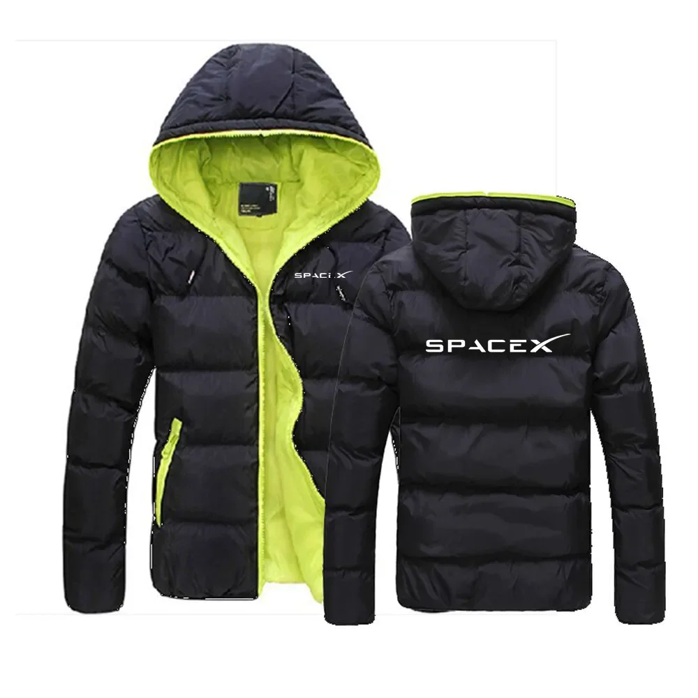 

SpaceX Space X Logo 2024 Men's New Autumn And Winter Fashionable Color Block Zipper Hooded Cotton Padded Coats Slim Fits Jacket