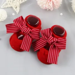 Adorable Newborn Girl Princess Bow Cotton Socks - Red Toddler Floor Socks - 0-1 Years (Red stripe)