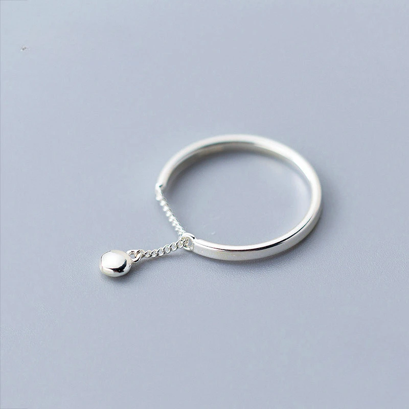 925 Sterling Silver Bead Chain Tassel Adjustable Ring For Women