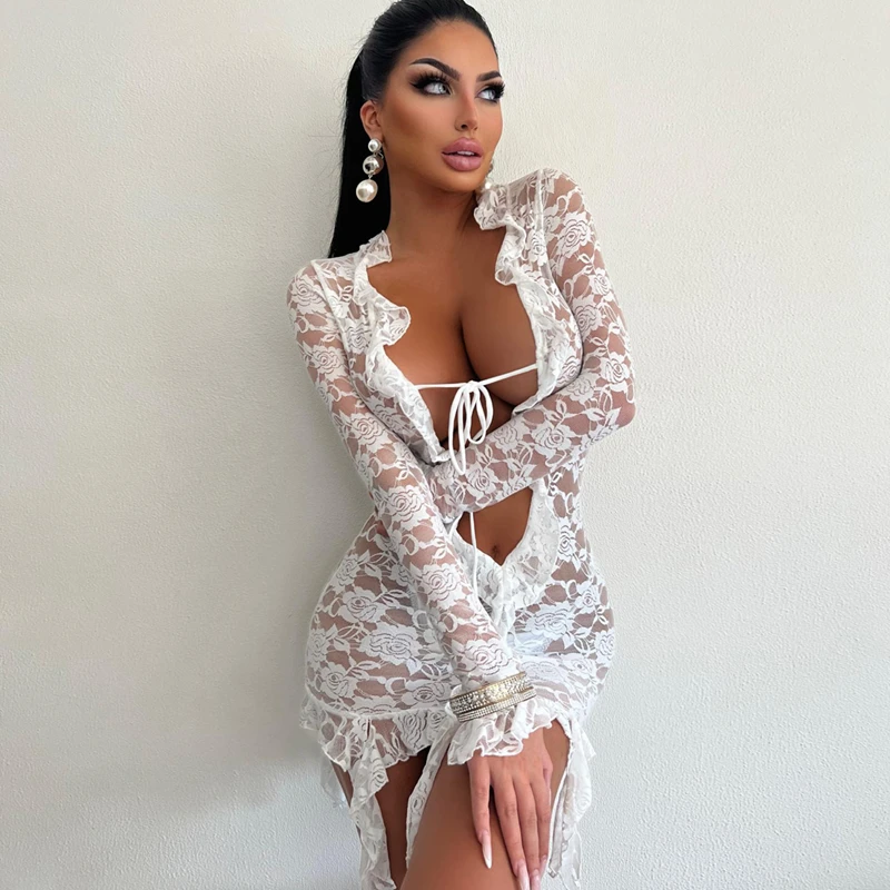 

Elegant Sexy Lace Hollow Out Bodycon Long Sleeve Mini Dress For Women See Through Lace UP Patchwork Short Dress Party Nightclub