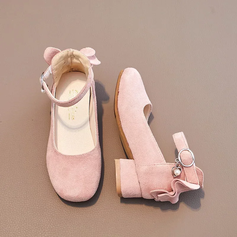 Fashion Gilrs Ankle Strap Fur Leather High Heels Shoes Toddler Girls Pearl Princess Shoes 6-16Y Party Dress Shoes Autumn Spring 5