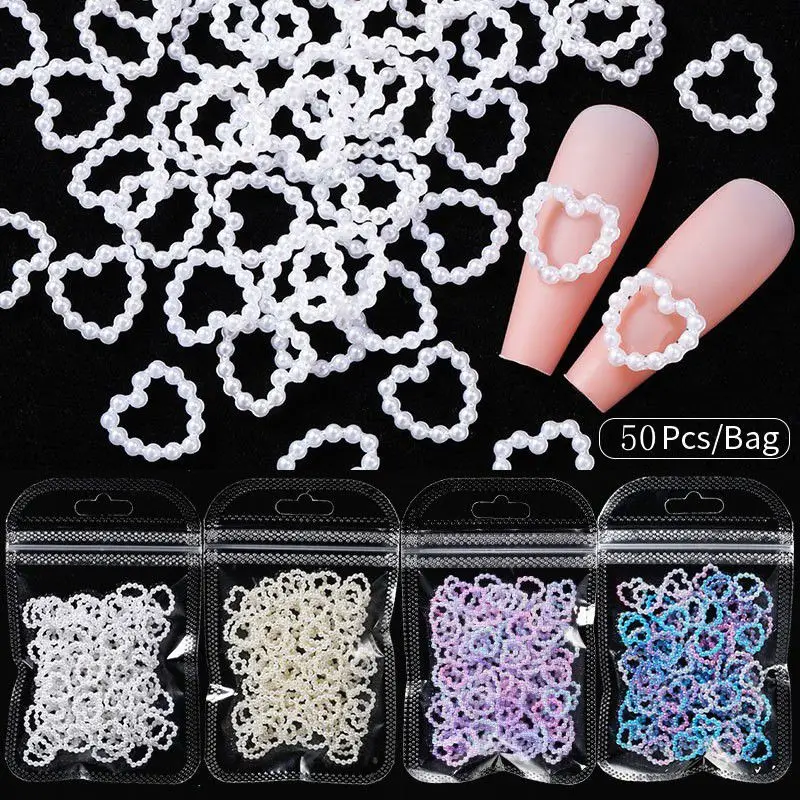 Elegant Pearl Heart Nail Art Charms Set - 50 Pieces 3D Decorative Beads and Rhinestones