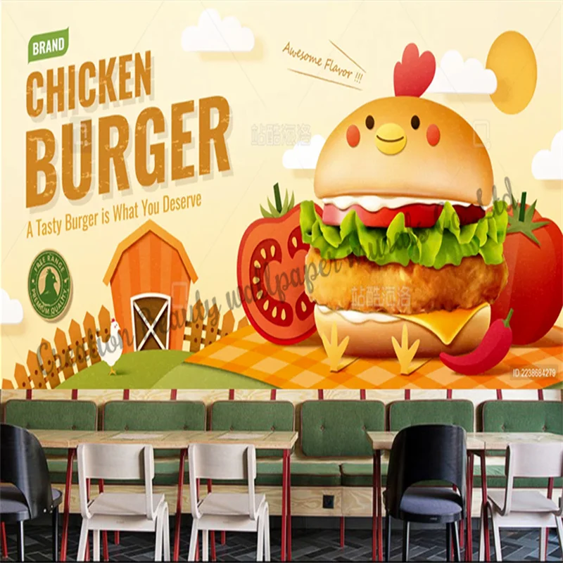 

Hand Painted Chicken Burger Wallpaper Industrial Decoration Mural Fast Food Restaurant Snack Bar Background Wall Papel Tapiz