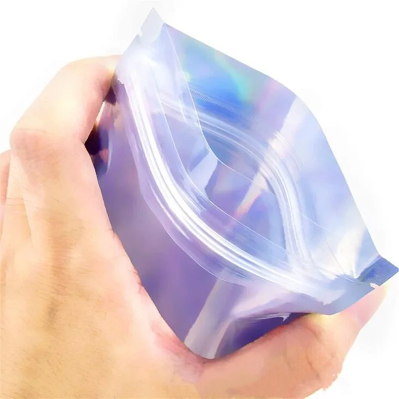10 teile/los Laser transparente holo graphische Verpackung Kosmetik tasche Geschenk Schmuck Halskette Kosmetik Display mit Folie Zip-Lock-Taschen – Detail 6
