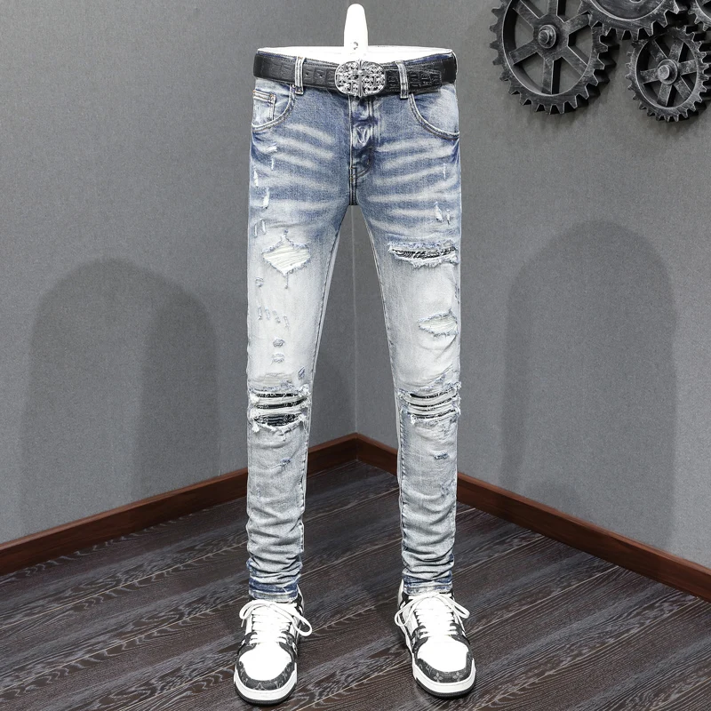 Street Fashion Men Jeans Retro Light Blue Stretch Skinny Fit Hole Ripped Jeans Men Bandana Patched Designer Hip Hop Brand Pants