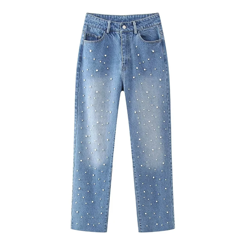 

New Women Vintage High Waist Faux Pearl Straight Jeans