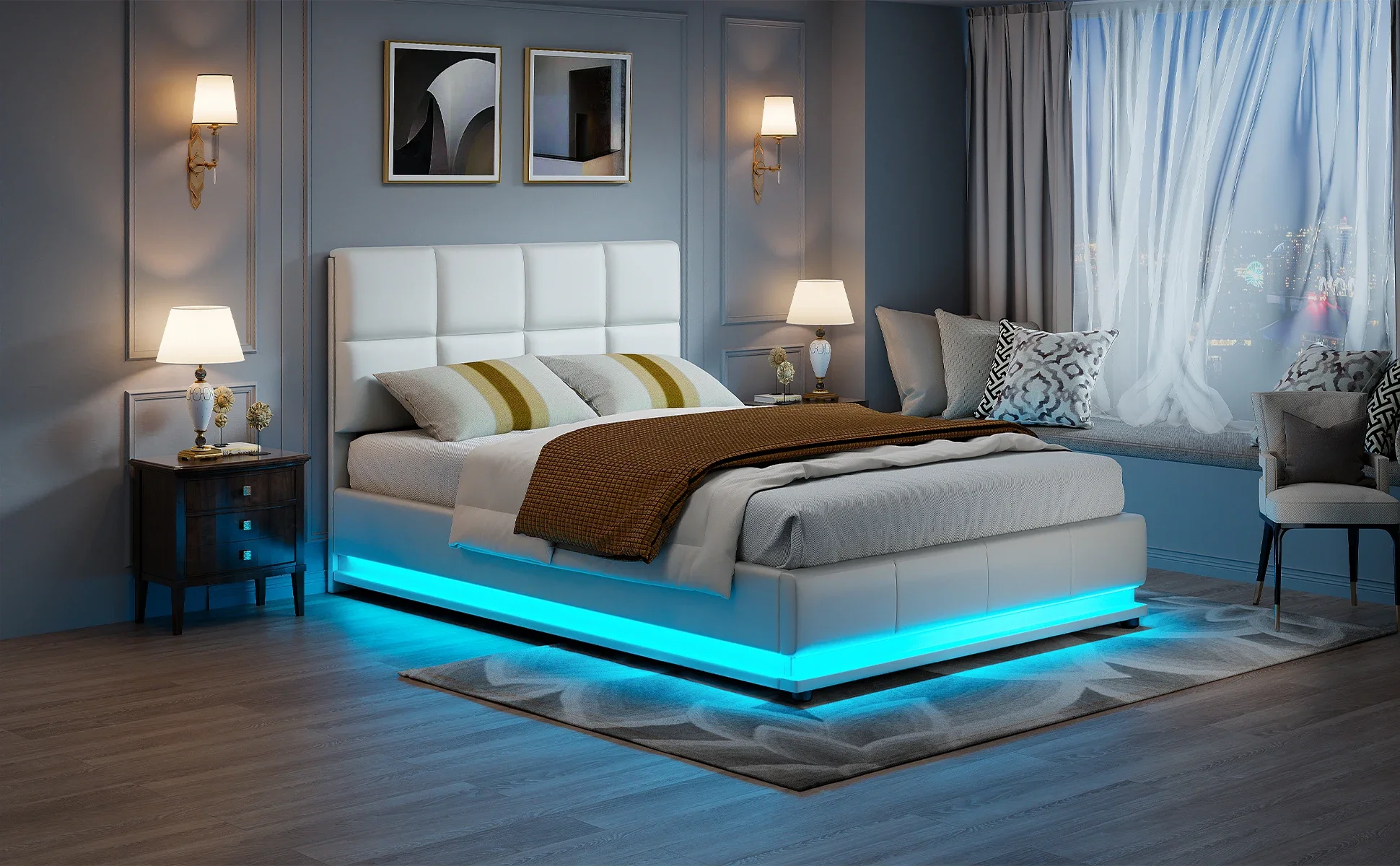 Rosahqnda Polster-Doppelbett 140 x 190 cm mit hydraulischem Stauraum, Jugendbett mit LED und USB-Ladestation – Detail 3