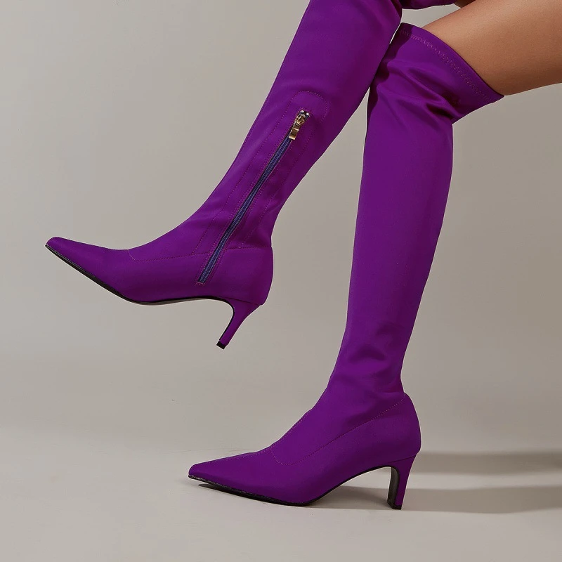 

2023 Winter Pointed Toe Women Over-the-Knee Boots Fashion Zipper Square Heel Shoes Thigh High Long Botas De Mujer