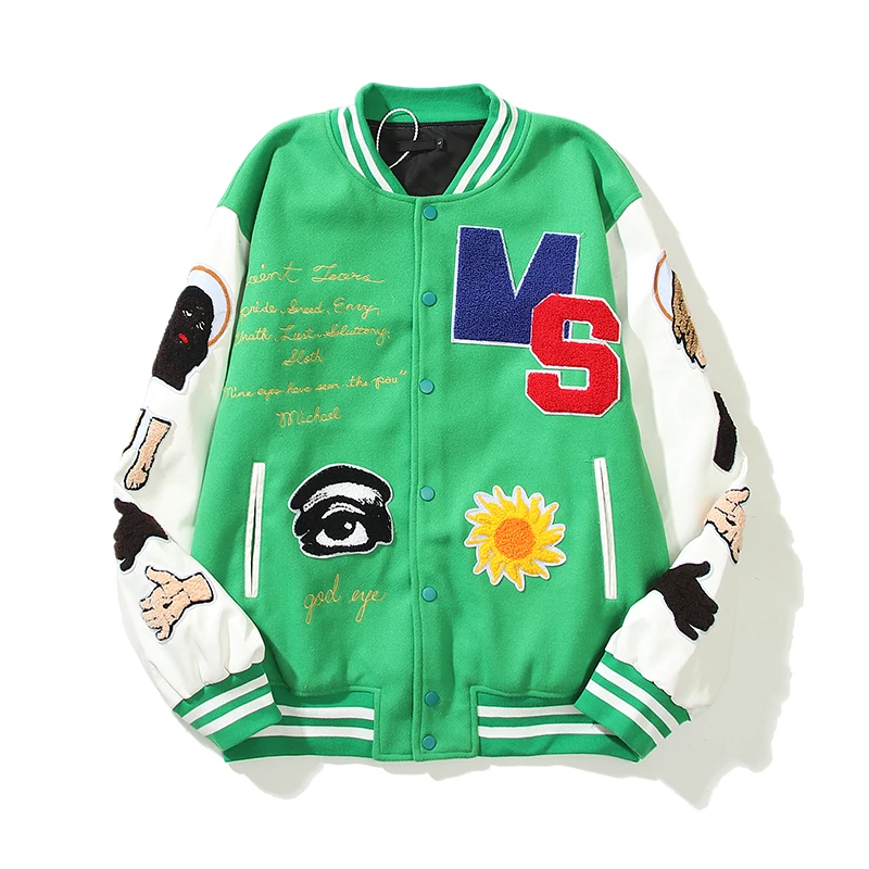 

Letter Flocking Eyes Color Match Patchwork Autumn Winter Baseball Uniform Jacket Men's and Women's High Street Thick Coats