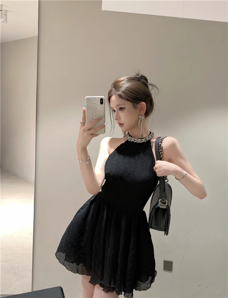 Elegant Halter Black Dresses for Women Summer New Backless Ruffles A-line Korean Birthday Party Dress Prom Short Vestidos Mujer