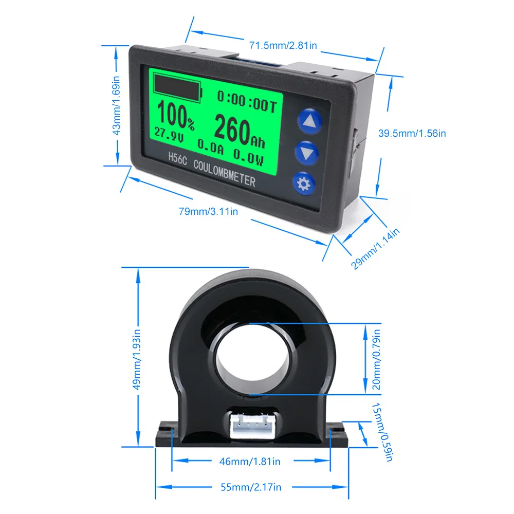 Battery Monitor Hall Sensor Coulomb Tester DC9~100V 50A-300A Voltmeter Ammeter Battery Capacity Coulometer 12V 24V 36V 48V 60V 6