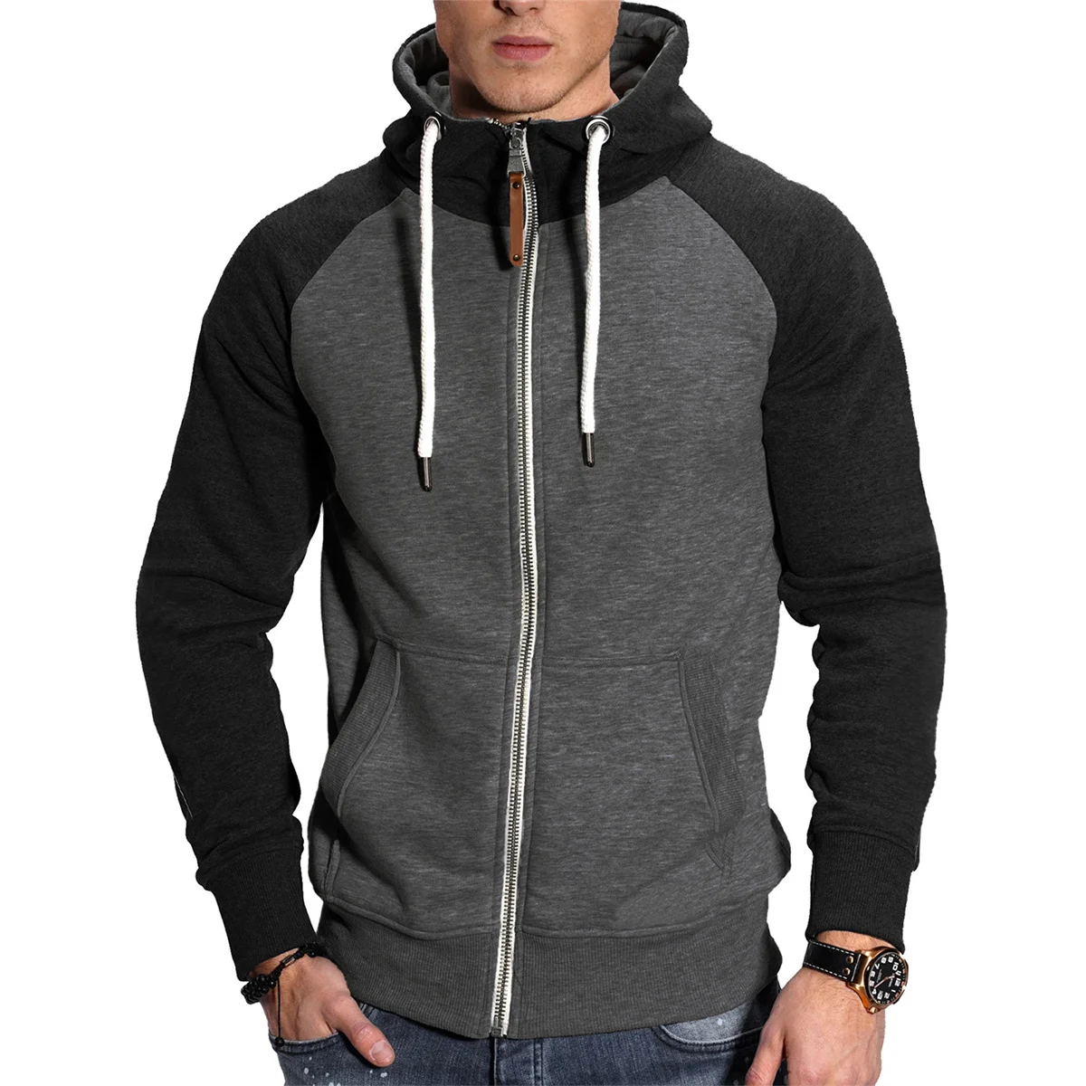 Winter Fashion Fitness Sports Men's Casual Splicing Color, Insert Shoulder Sleeve Hooded Thickened Straight-Through Hoodie 4