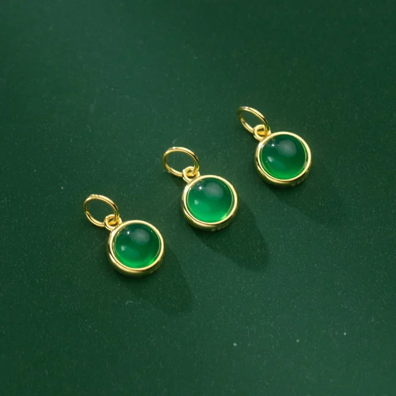 TrustDavis 925 Sterling Silver Fashion Round Green Chalcedony Charm Pendant DIY Accessories Jewelry HY321