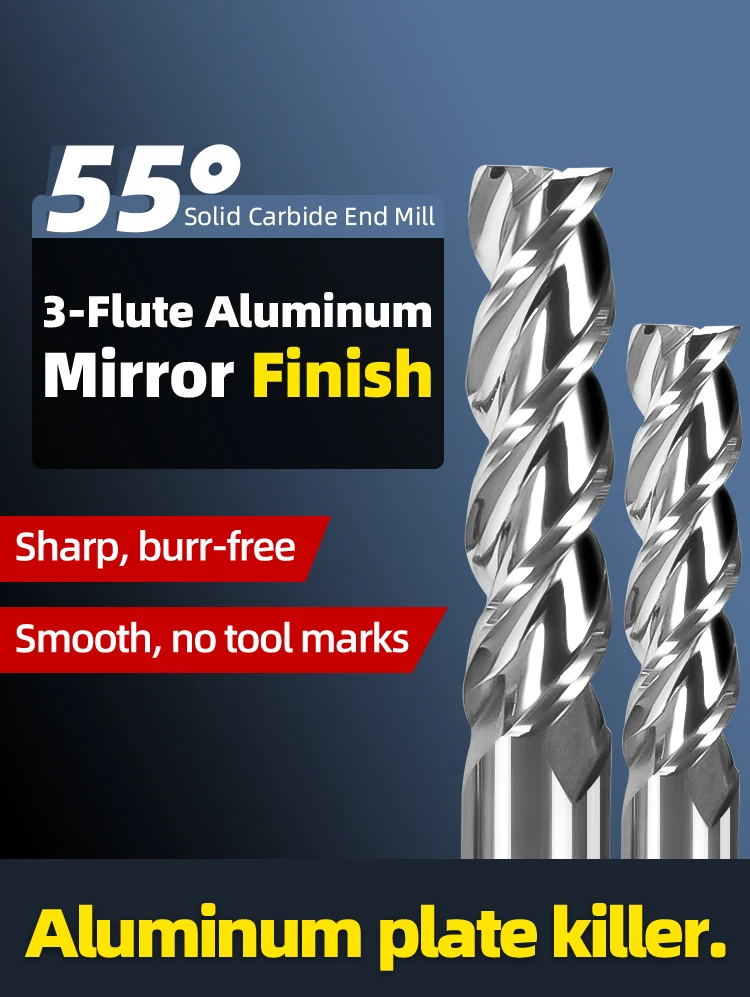 55 ° 3-Schneidiger Flachbodenfräser, Aluminium-Spezial-Wolframstahl, Spiegelpoliert, für CNC, Aluminium/Kupfer – Detail 1