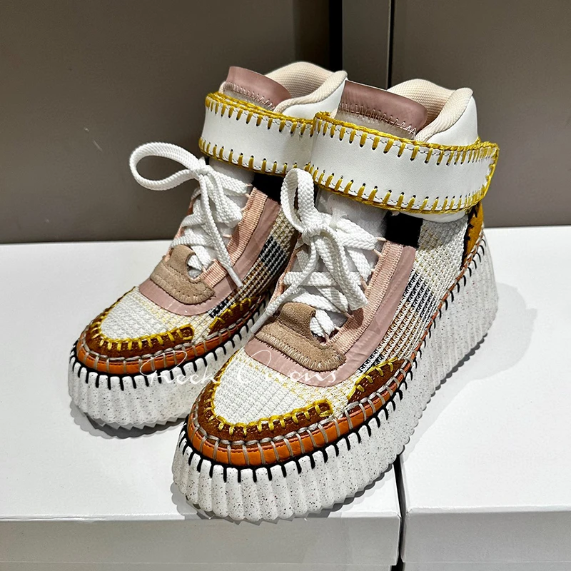 

Trend Women Leisure Shoes Summer New Korean Style Breathable High Top Casual Shoes Weave Design Thick Bottom Female Loafers