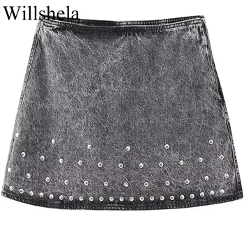 Willshela 여성 패션 리벳 데님 그레이 사이드 지퍼 미니 스커트, 빈티지 하이 웨이스트 여성 시크 레이디 스커트
