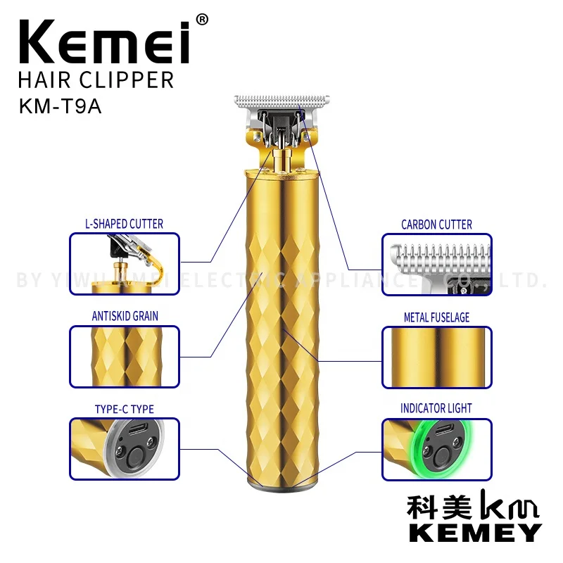 Kemei T9 Gold Hair Clipper Professional Electric Barber Zero Gapped Hair Trimmer 0mm Hair Cutting Machine Men USB Rechargeable 5