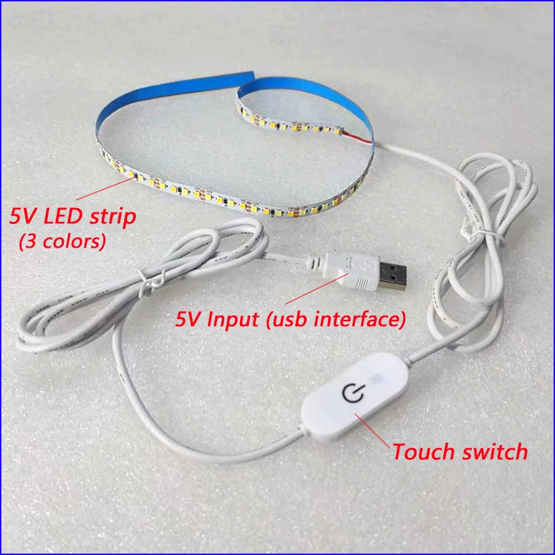 

DC5V USB Interface Touch Switch Dimming Controller With 19cm 38cm 57cm 3W 5W 7W LED Strip 3Colors 8mm Width 3000K+6500k